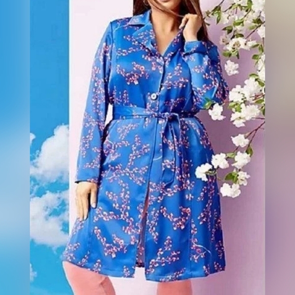 J Jason Wu Women's Woven Printed Lightweight Satin Floral Trench, Blue & Pink - Picture 5 of 14